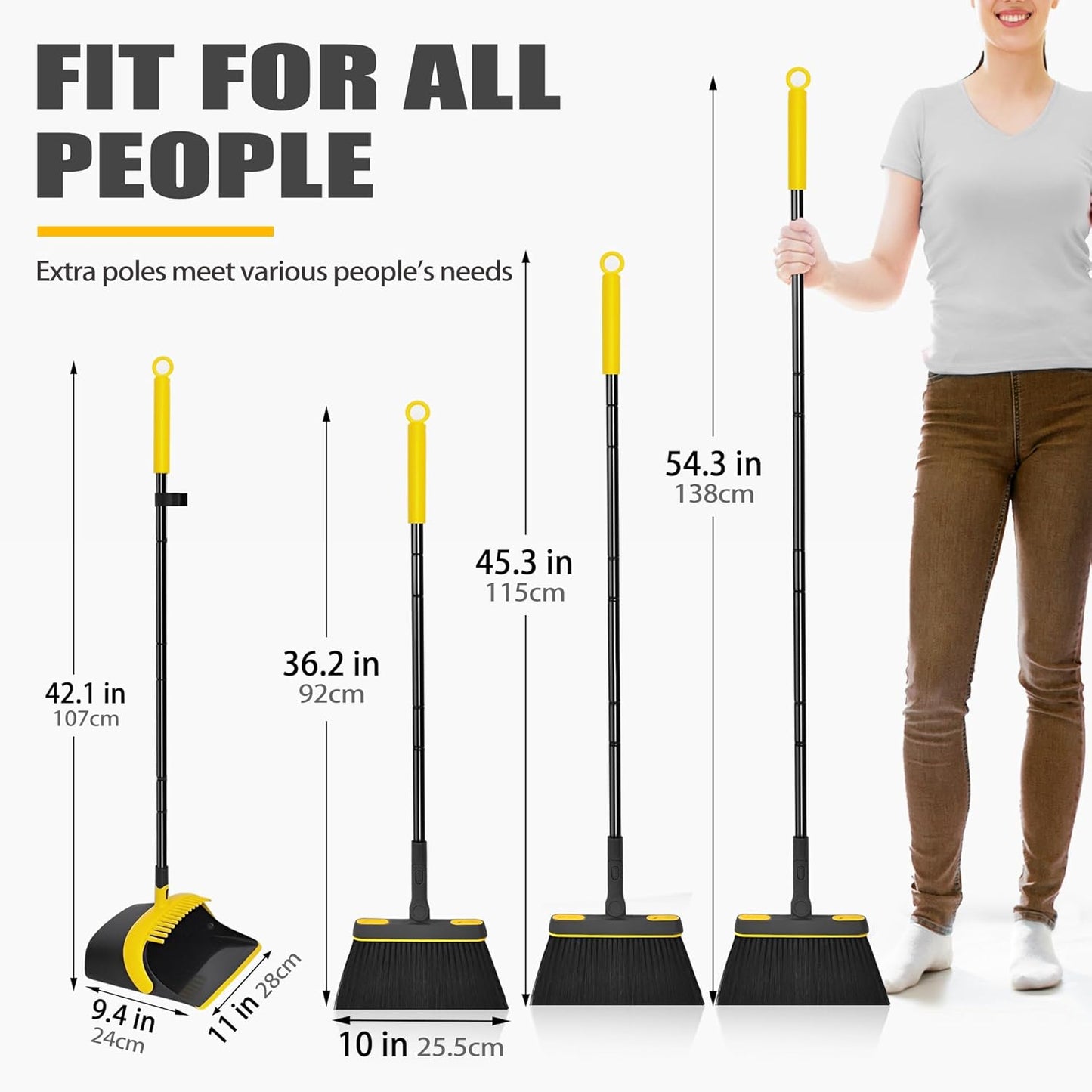 JEHONN Broom and Dust Pan, 54.3 inches Long Handle Swivel Brush, Upright Foldable Dustpan with Comb Teeth for Home Kitchen Lobby Indoor Floor Cleaning (Black & Yellow)