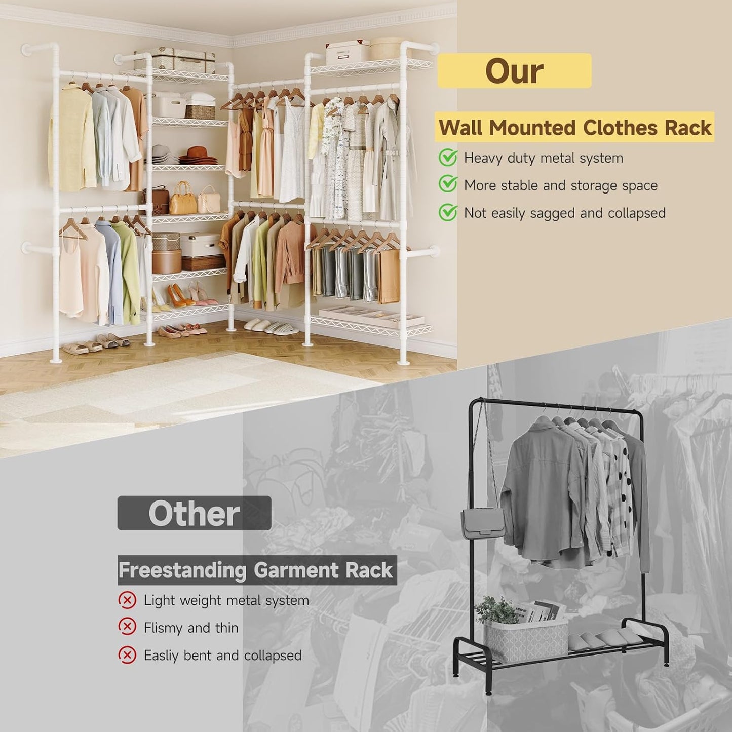 ONBRILL L4 Wall Mounted Industrial Pipe Clothing Rack, Closet Organizer System with 6 Hanging Clothes Rods ( 4 Expandable Rods) & 8 Shelves, Heavy Duty Corner Garment Rack, Large Wardrobe - White