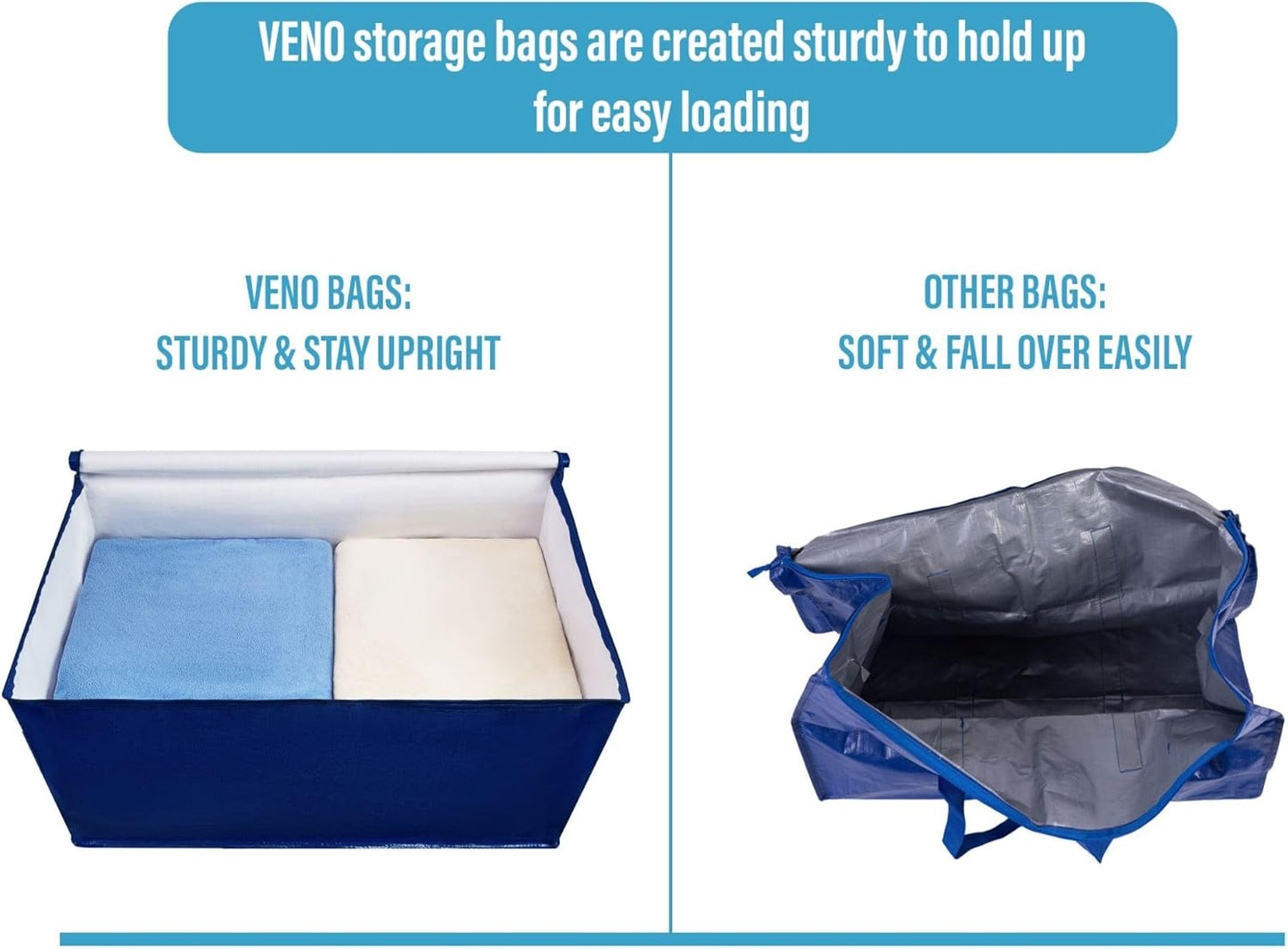 VENO 2 Pack Moving and Storage Bags, Heavy Duty, Alternative to Moving Boxes, Large Packing Totes Supplies for College Dorm Room with Zipper for Clothes, Wide Open Design (Blue, 2 Pack)