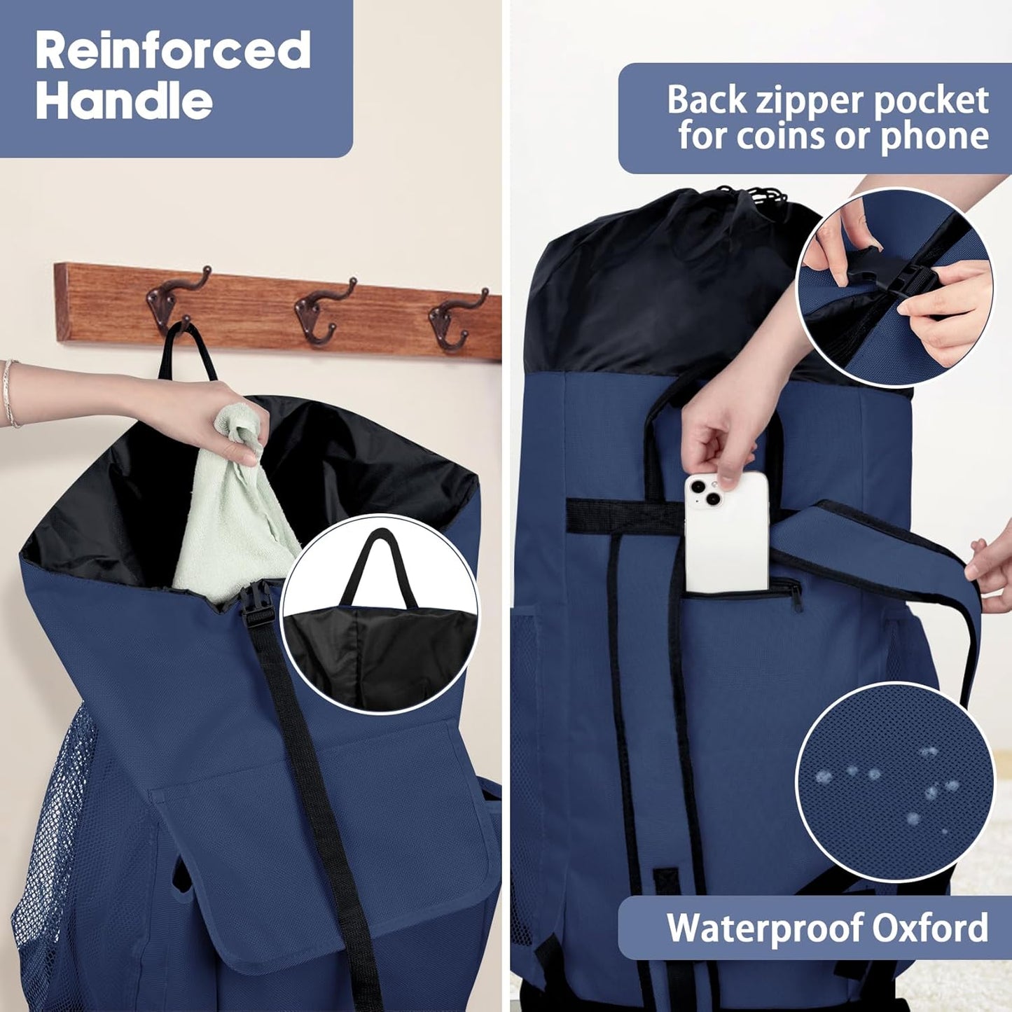 Laundry Backpack Bag, 132L Extra Large Heavy Duty Laundry Backpack for College Dorm Essentials, Laundry Hamper Travel Bag with Shoulder Straps and Mesh Wash Bags for Laundromat, Apartment Blue