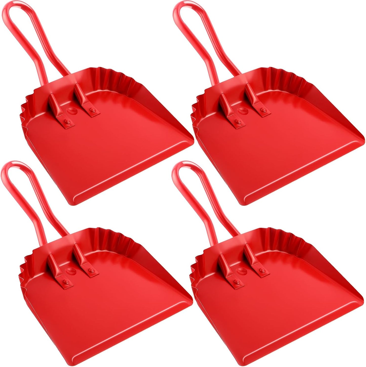 Mumufy 4 Pack 12 inch Heavy Duty Metal Dustpan Large Wide Dust Pans for Household Handheld Wide Scooper and Debris Cleaning Tool Ideal for Home and Commercial Use(Red)