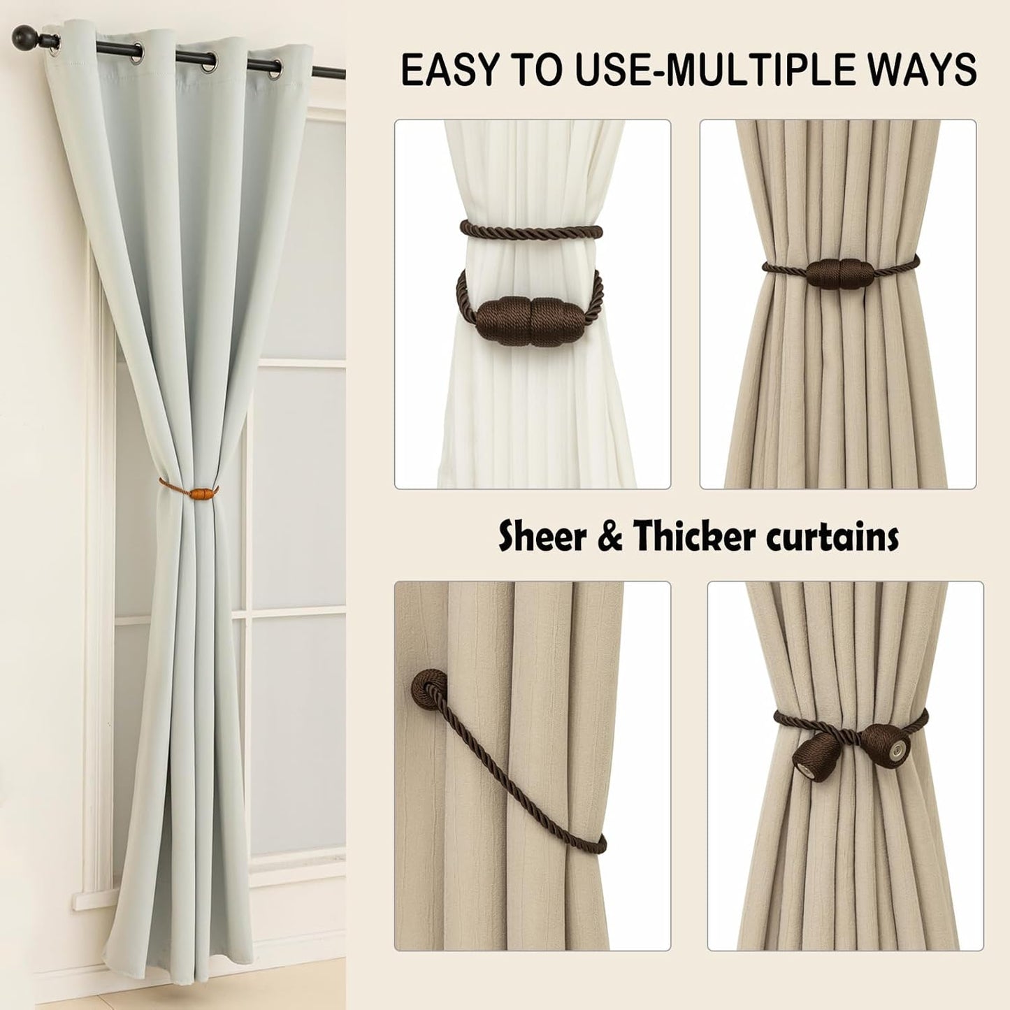 Magnetic Curtain Tiebacks Rope Tie Backs 4 Pack Decorative Window Holdbacks, Coffee