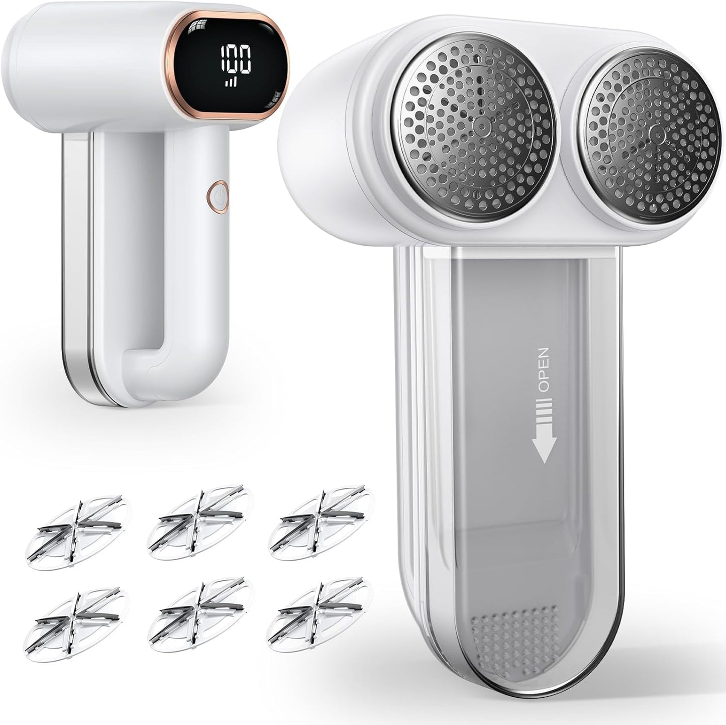 Fabric Shaver and Lint Remover, 6 Stainless Steel Blades, Dual-Head Rechargeable Sweater Shaver with LED Display, 3 Speeds, Electric Defuzzer for Clothes, Fuzz, Pills and Furniture