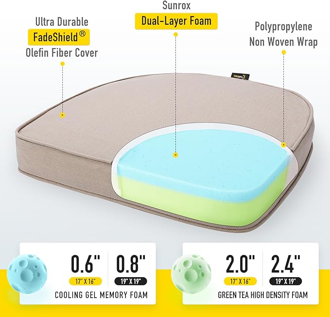 SUNROX Gel Memory Foam Chair Cushions, FadeShield Water-, Stain-Resistant Durable Reversible Seat Cushion Pads with Ties for Indoor/Outdoor Kitchen Dining Office 17"x16" Set of 4, Husk Birch