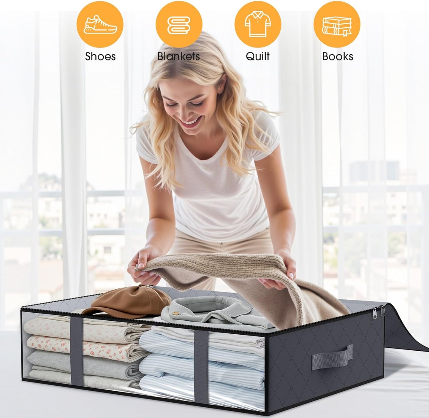 StorageRight Under Bed Storage Bins, 3-Pack 40L Foldable Fabric Storage Bags with Transparent Window, Breathable Organizer for Clothes/Blanket/Comforter/Quilt, Grey