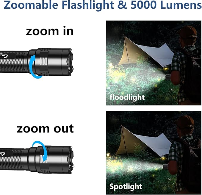 Zoomable Tactical Flashlight High Lumens-5000LM, 6 Modes,Dual Switches,Window Glass Breaker,10 hours Runtime,Memory Function,Waterproof,USB-C Rechargeable for Defense, Security, Outdoor&Emergency