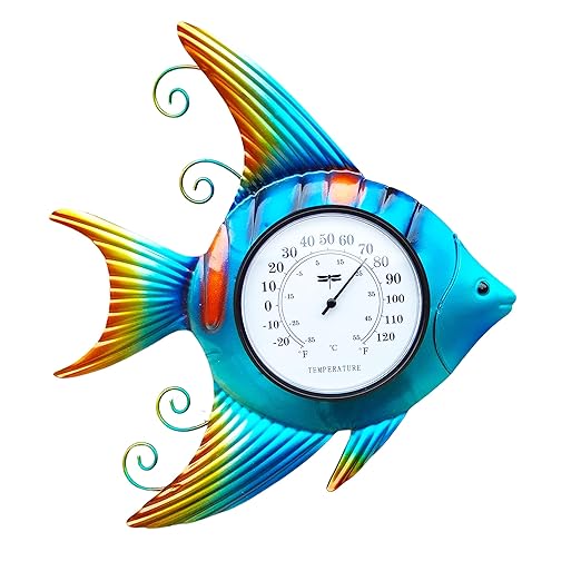 Fish-Shape Wall Thermometer, 11-Inch Battery-Free Temperature Gauge, Vintage Nautical Decor for Indoor & Outdoor Use, Auto-Calibrates in 3 Hours