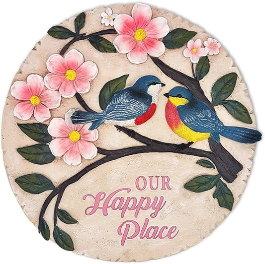 Elegant Resin Stepping Stone, Outdoor Garden Pathway Decoration (Blossoming Songbirds Positivity Stepping Stone, 9.5" Happiness Garden Decoration and Support Gift)