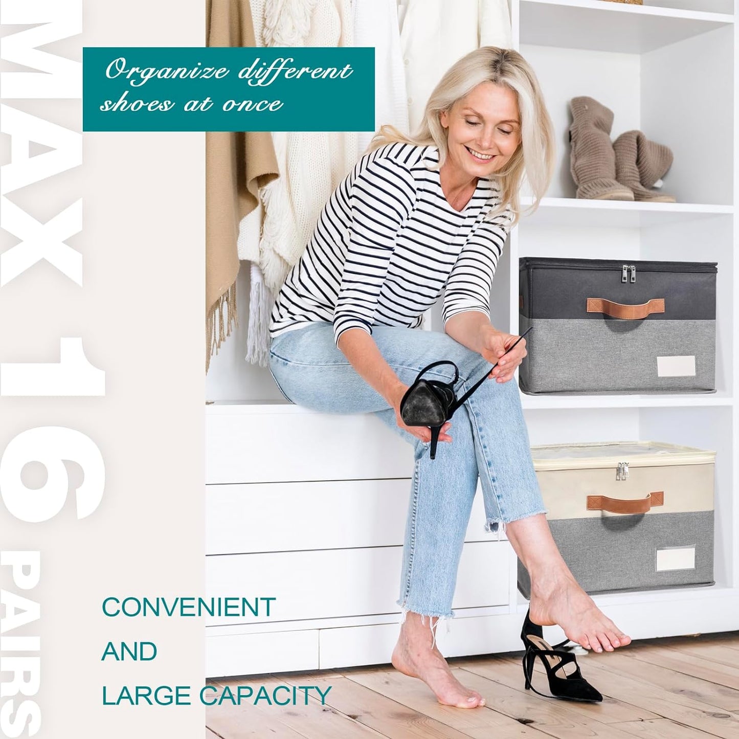 Shoe Organizer for Closet, Foldable Shoe Storage Bins with Clear Cover, Space Saving Shoes Holder with 4 Handles, Large Adjustable Shoe Box Storage Containers, Fits 8-16 Pairs, 1 Pack, Black