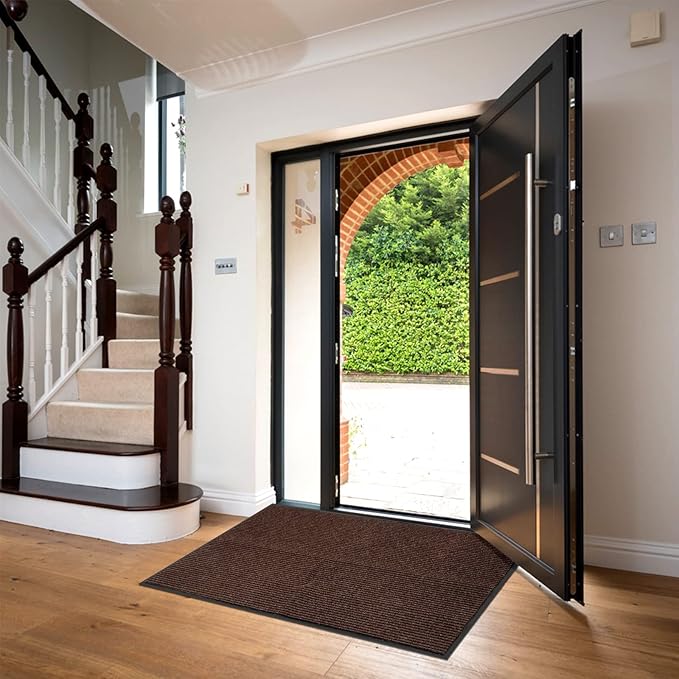Low Profile Rubber Door Mat, 72x48inch, Heavy Duty, Entrance Doormat, Indoor and Outdoor, Waterproof, Easy Clean Shoe Scraper, Home Rug Welcome Mats for Entryway, Patio, Porch, Brown