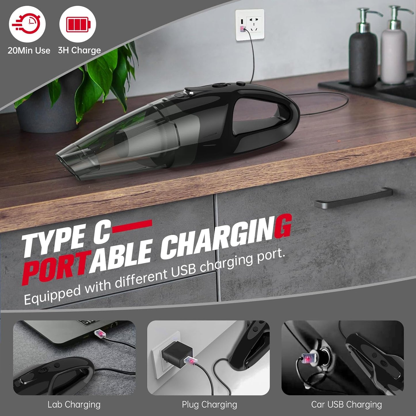 Handheld Vacuum Cordless Rechargeable, 1.65LBs Hand Held Vacuum Cordless, Car Vacuum Portable with LED, USB Charge, for Car/Home/Pet