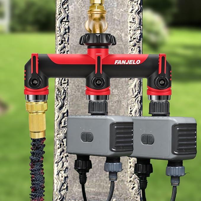 3 Way Hose Splitter, Heavy Duty Garden Water Hose Bib Spigot Splitter, Faucet Splitter with Shutoff Valve, Garden Hoses Connector for T Adapter, 3/4 - Inch GHT Thread (Red)