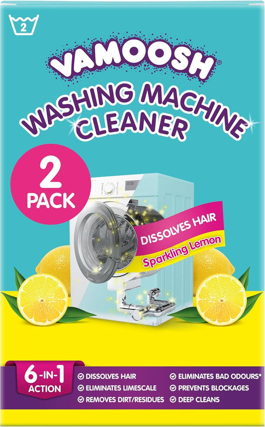 Vamoosh 6-in-1 Washing Machine Cleaner | Patented Pet Hair Dissolving Technology | Made in the UK | No Harmful Chemicals | Removes Limescale | Descales | Lemon Fresh Scent | 150g (Pack of 2)