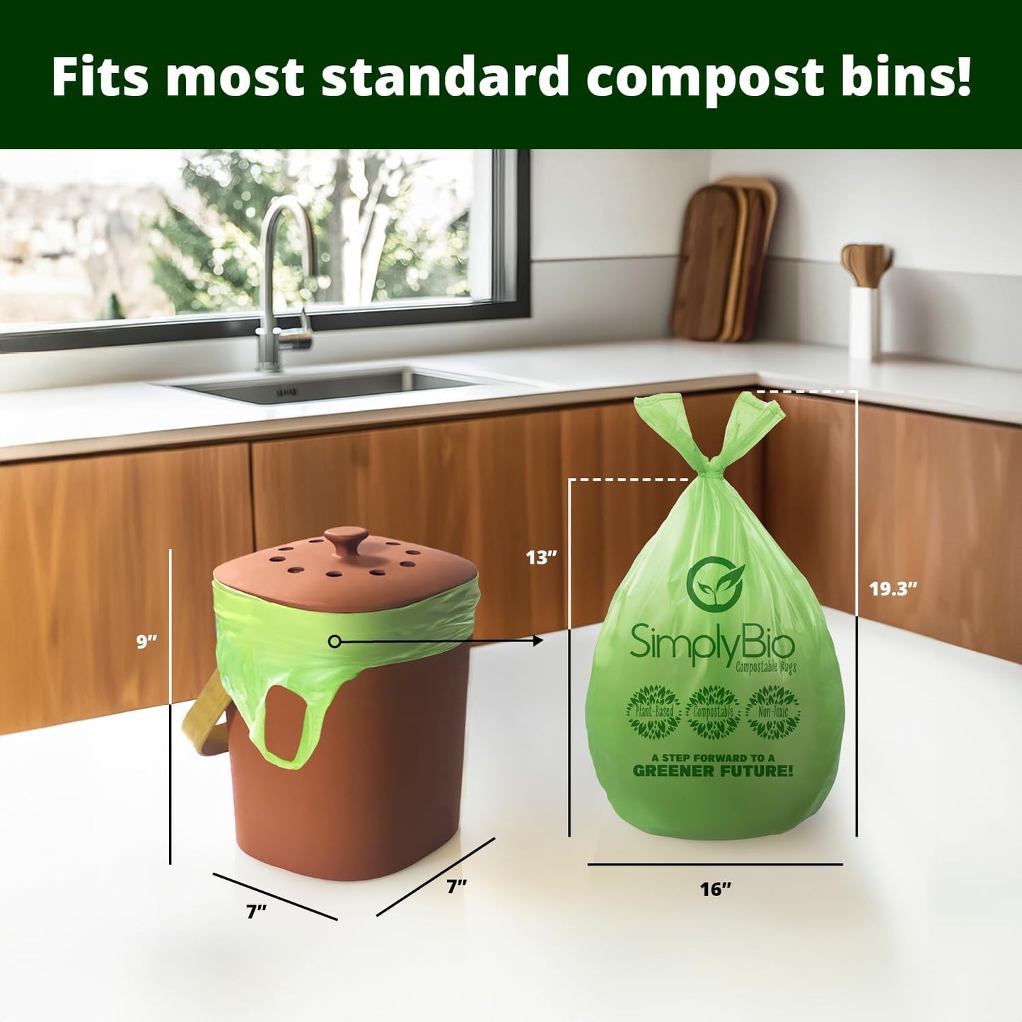 Simply Bio 1.6 Gallon Compostable Trash Bags Liners Handle, Heavy Duty Extra Thick 0.6 Mil, 6.06 Liter, 50 Bags, Small Kitchen Food Scrap Waste Bag, ASTM D6400, US BPI and OK Compost Home Certified
