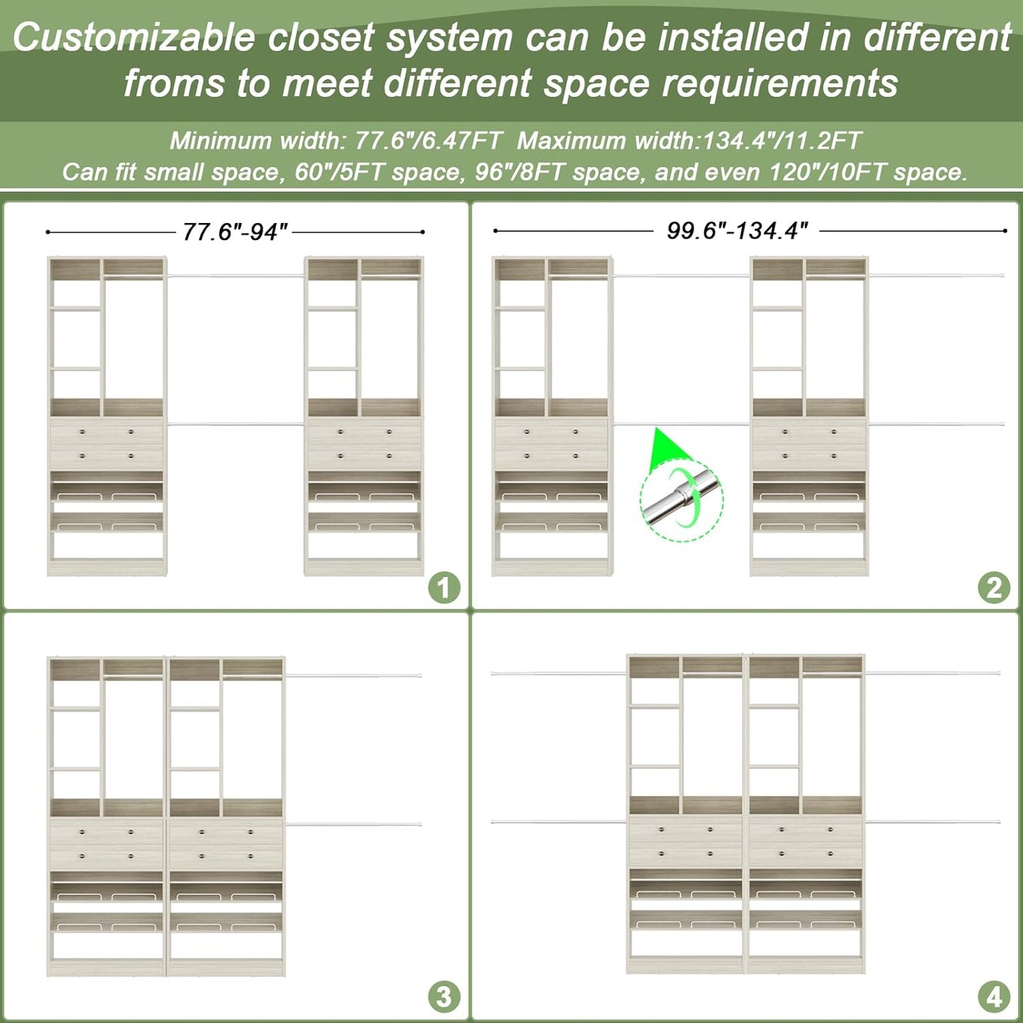 Closet System, Up to 134"/11.2 FT Closet Organizer with 4 Wooden Drawers and Shelves, Walk-in Closet System with 6 Hanging Rods, Built-in Closet Can Fit 96"/8FT, 120"/10FT, Greige Oak