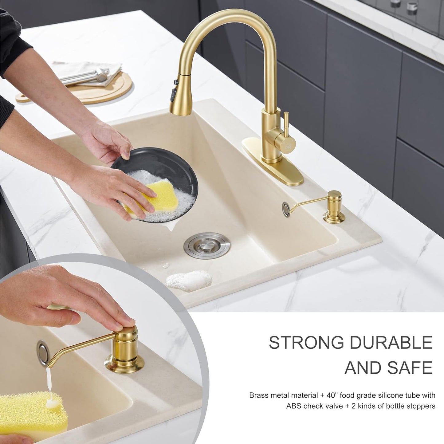 Gagal Kitchen Sink Soap Dispenser (Brushed Gold) and Extension Tube Kit for Kitchen Sink, Complete Brass Head with 40" Silicone Tube Connect to The Bottle Directly, Say Goodbye to Frequent Refills