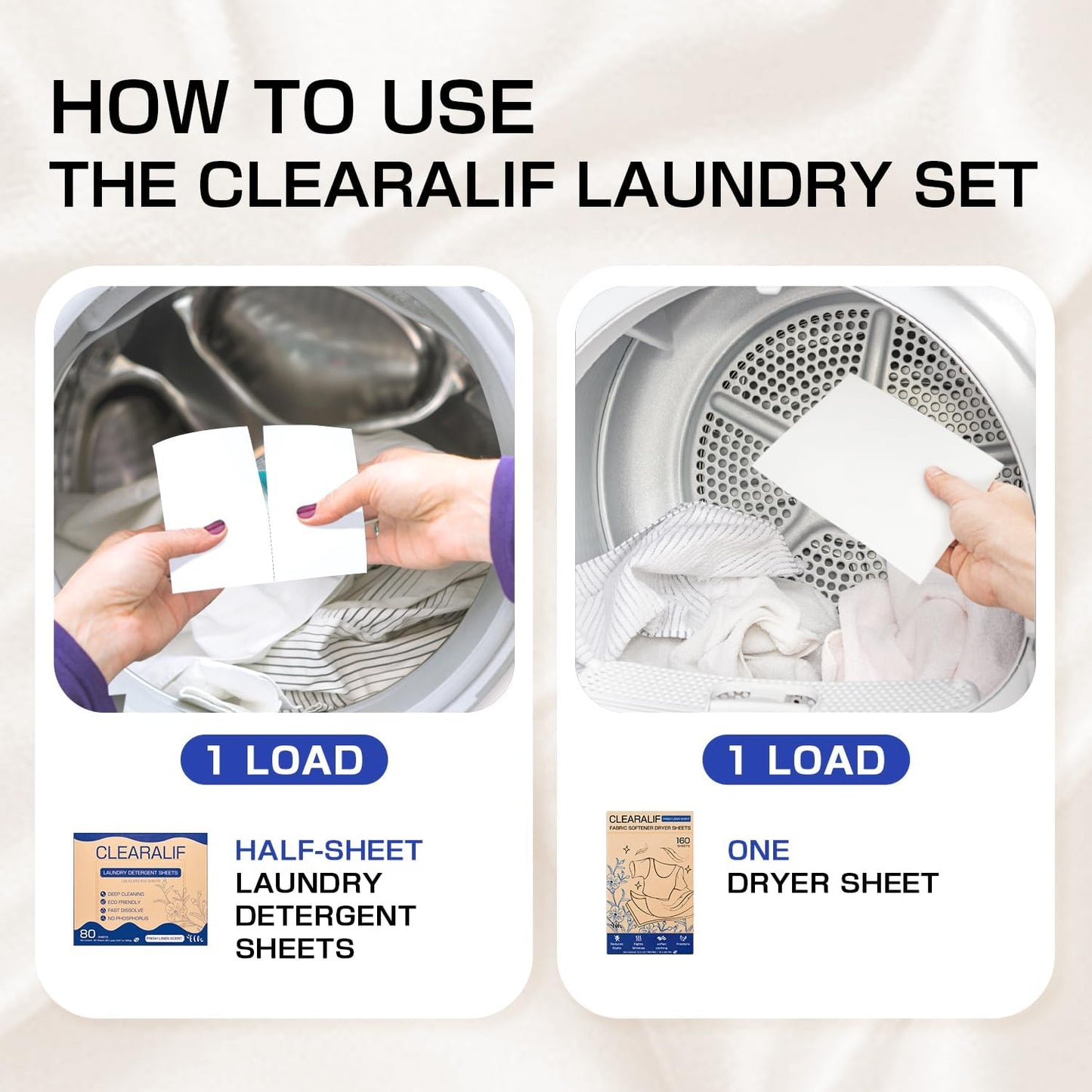 Clearalif All in One Laundry Detergent Sheets Kit, Fresh Linen Scent, 160 Loads Laundry Sheets + 160 Drying Sheets, Laundry Set Great for Travel, Softener Sheets Eco Package Friendly & Hypoallergenic