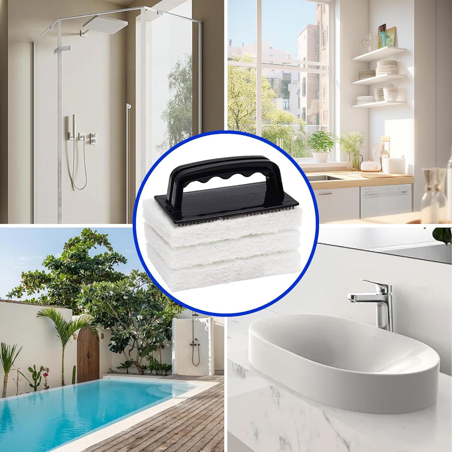 6 Pcs Hand Scrubber, Bathtub Scrubber with Handle, Non-Scratch Bathroom Scrubbing Pads for Cleaning Shower Tile Bathtube Sink Swimming Pool Step & Corner (Black)