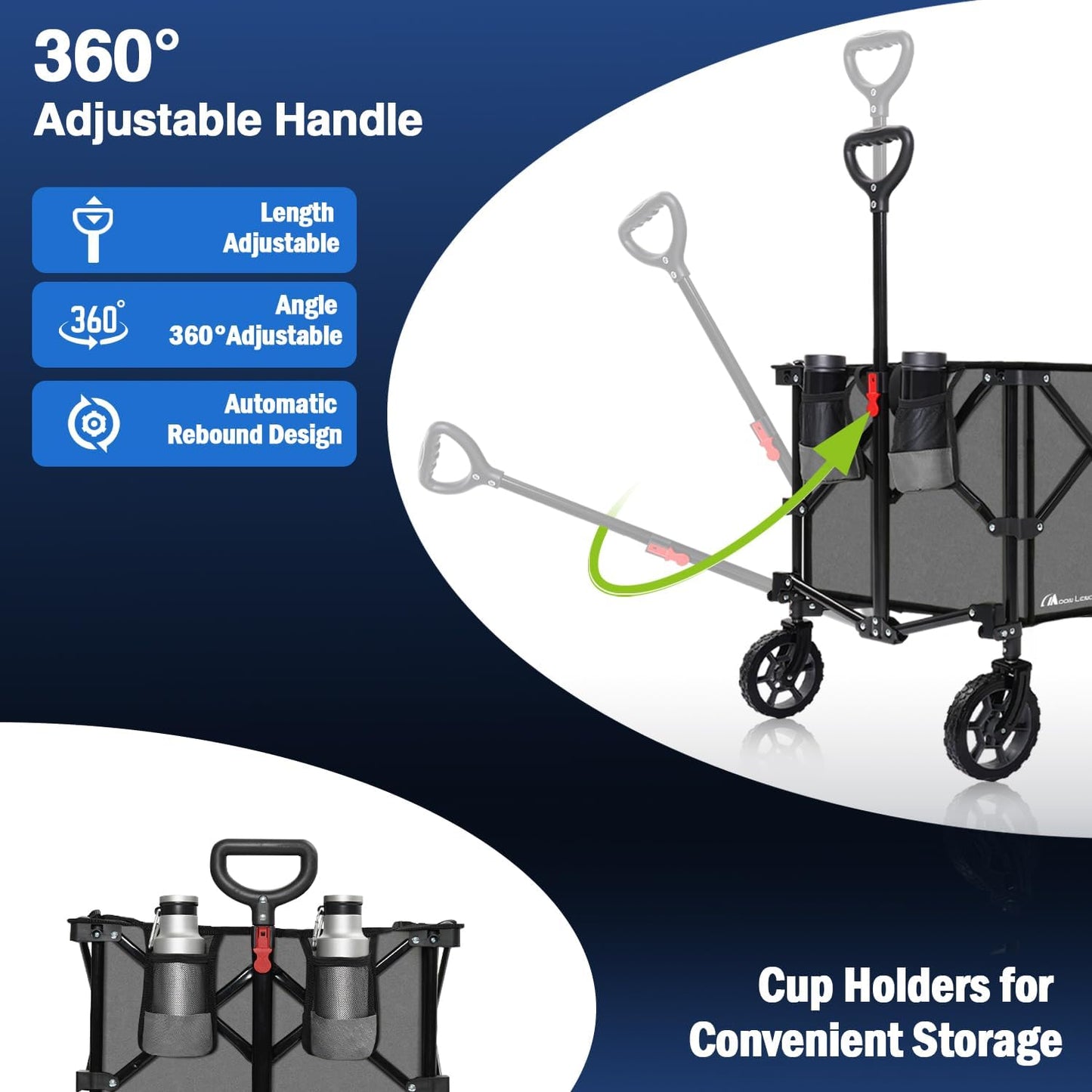 Moon Lence Collapsible Folding Wagon Cart Heavy Duty Folding Garden Portable Hand Cart with All-Terrain Beach Wheels, Adjustable Handle & Drink Holders (Grey)