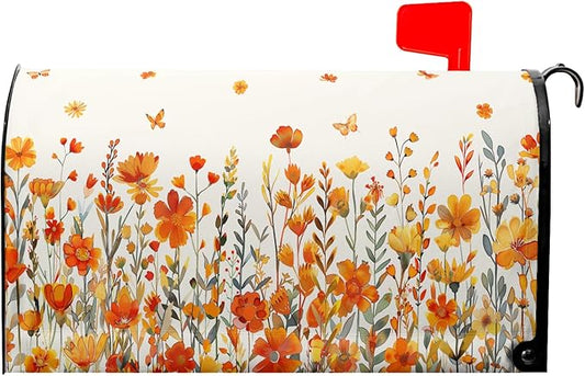 Watercolor Orange Flower Mailbox Covers Magnetic Standard Size 21x18 Inch Fall Autumn Orange Daisy Floral Post Cover Watercolor Wildflowers Letter Box Wrap for Home Garden Yard Outside