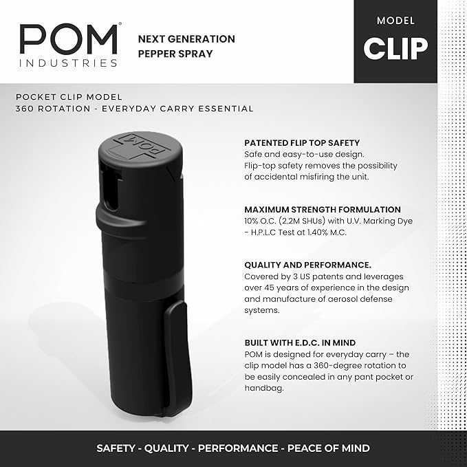 POM Pepper Spray Combo Pack Clip & Keychain - Maximum Strength OC Spray Self Defense- Tactical Compact & Safe Design - 25 Bursts & 10 ft Range - Stream Spray Pattern