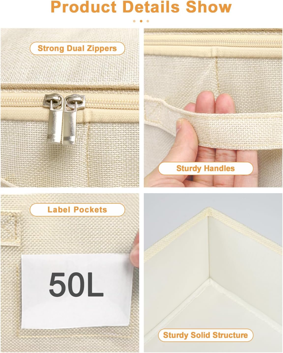 punemi Underbed Storage, 3 Pack Clothing Storage Bags W/Sturdy Handles, Large Capacity Underbed Shoe Container Organizer, Dorm Essentials Bins for Blankets, Pillows, Comforters & Quilts, Beige, 50L