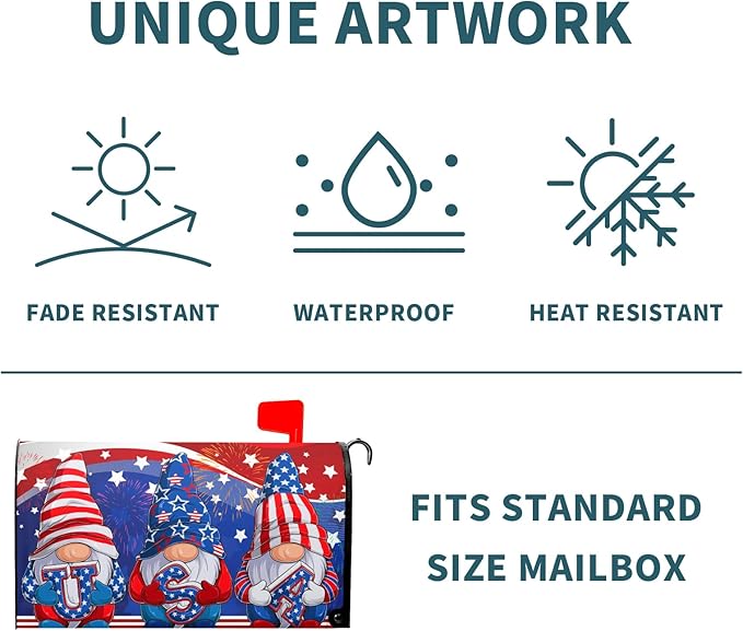 Patriotic Gnomes USA Flag Mailbox Cover Magnetic Independence Day July 4th Mailbox Covers Standard 21" x18’’ Happy Holiday Waterproof Post Box Cover Wraps for Outdoor Garden Yard Home Decor