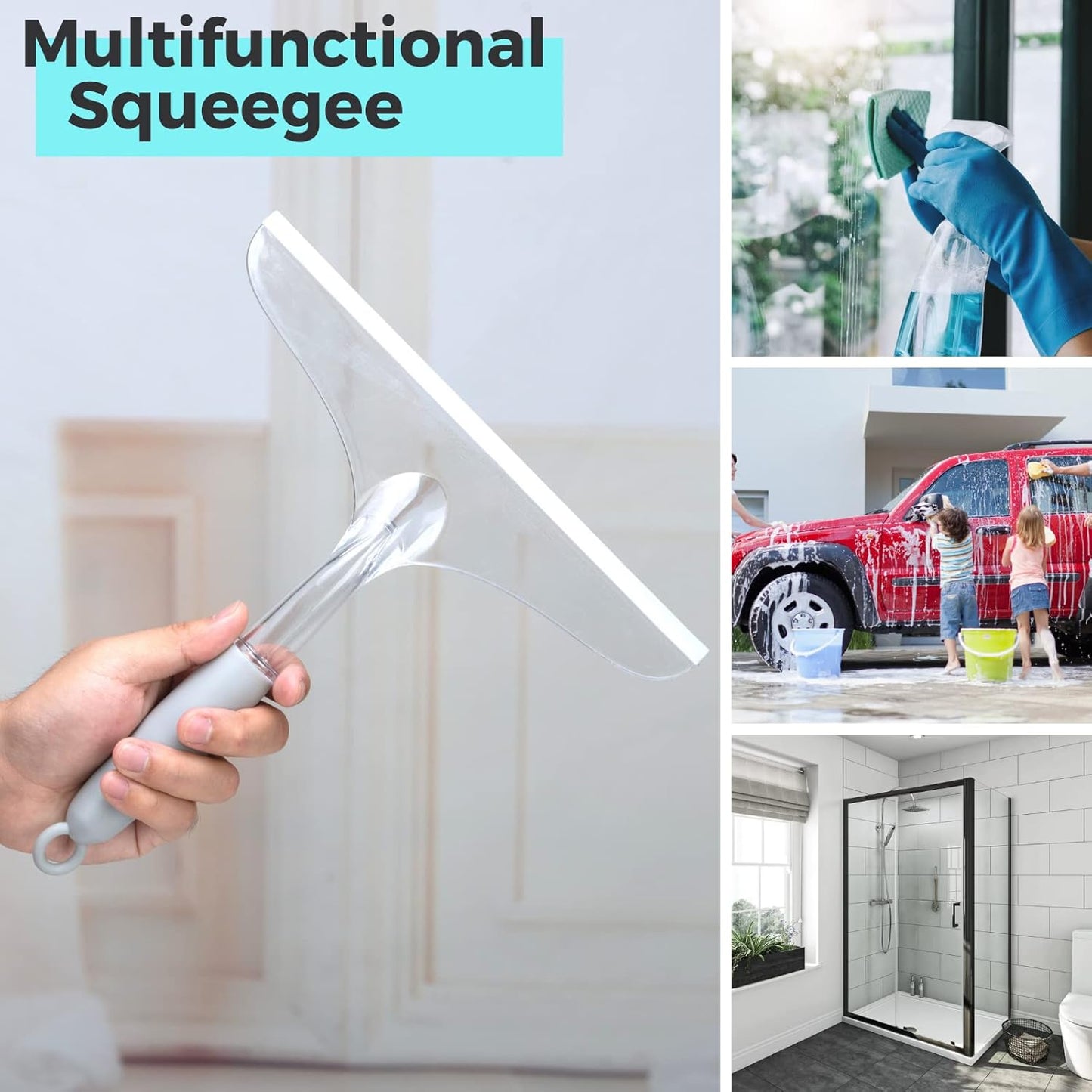 Shower Squeegee for Glass Door, 10'' Rubber Water Wiper for Bathroom Tile and Mirror, Clear Plastic Window Cleaner Tool, 2 Pack