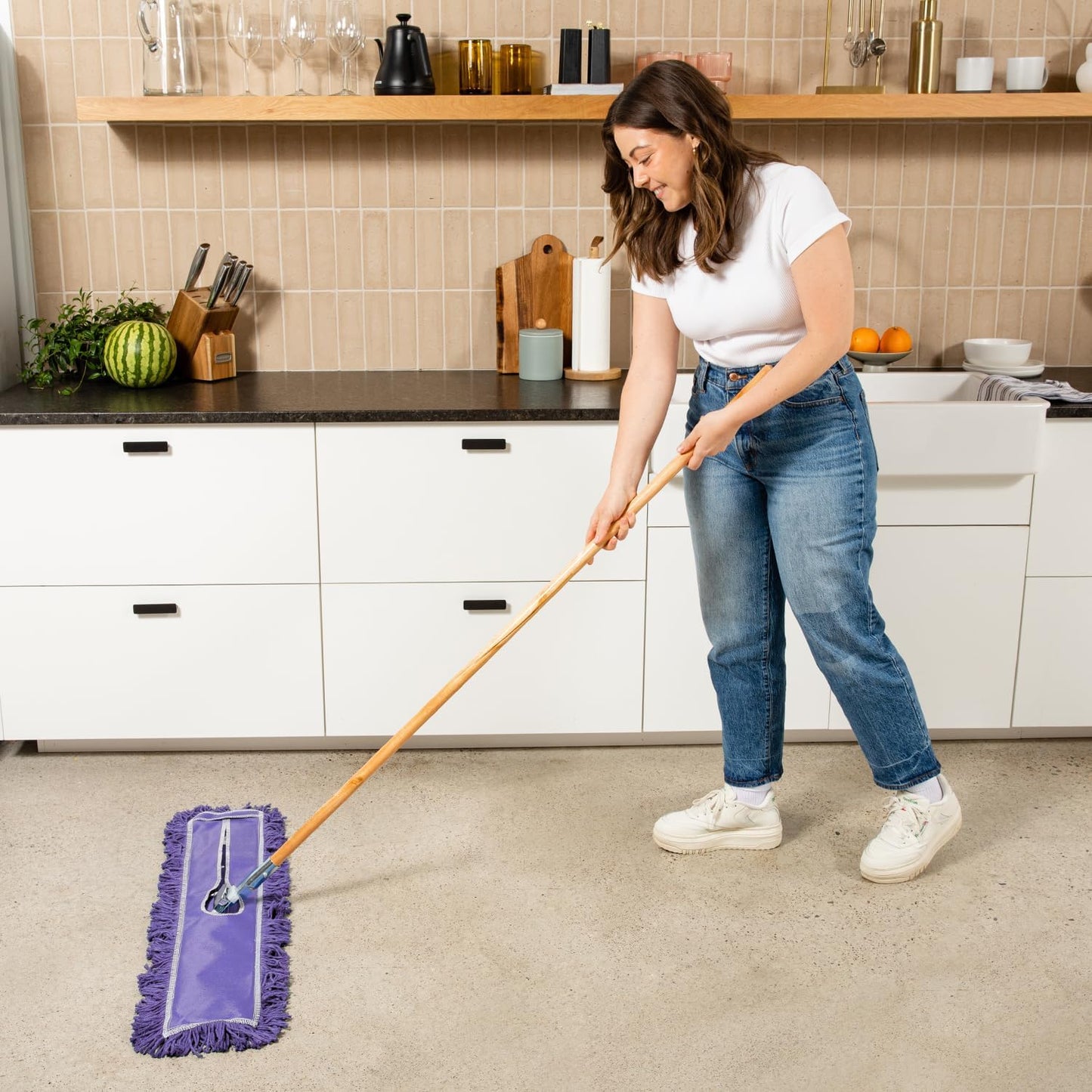 36 Inch Purple Commercial Dust Mop & Floor Sweeper – Wood Handle Floor Mop for Tile, Hardwood & Concrete