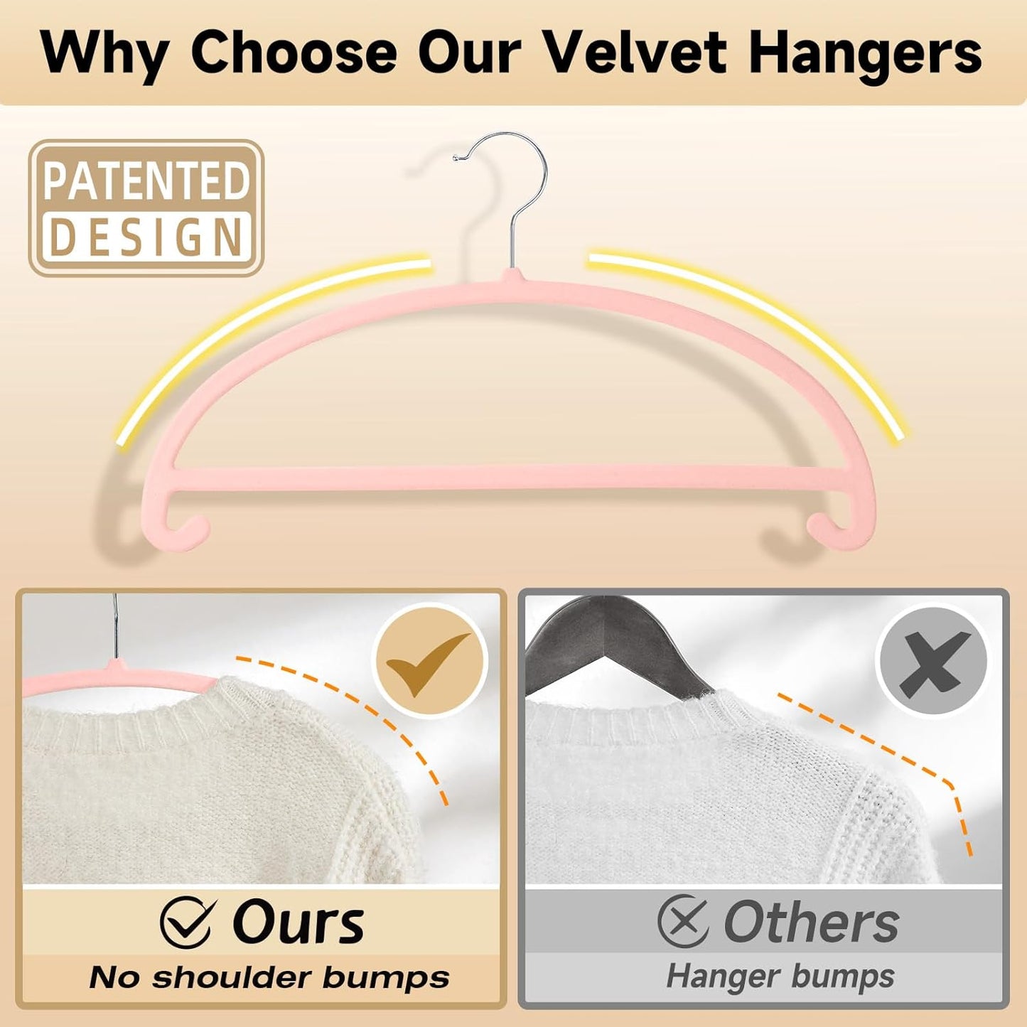 MIZGI 50 Pack Blush Pink Velvet Hangers - No Shoulder Bumps, Heavy Duty Non-Slip Chrome Hooks for Jackets, Coats, Pants