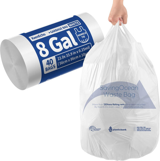Small Trash Bags with Handles 8 Gallon 40 Count White - Ocean Plastic Upcycling - Plastic Garbage Bags, Can Bin & Waste Basket Liner for Kitchen, Bathroom, Office and Pets