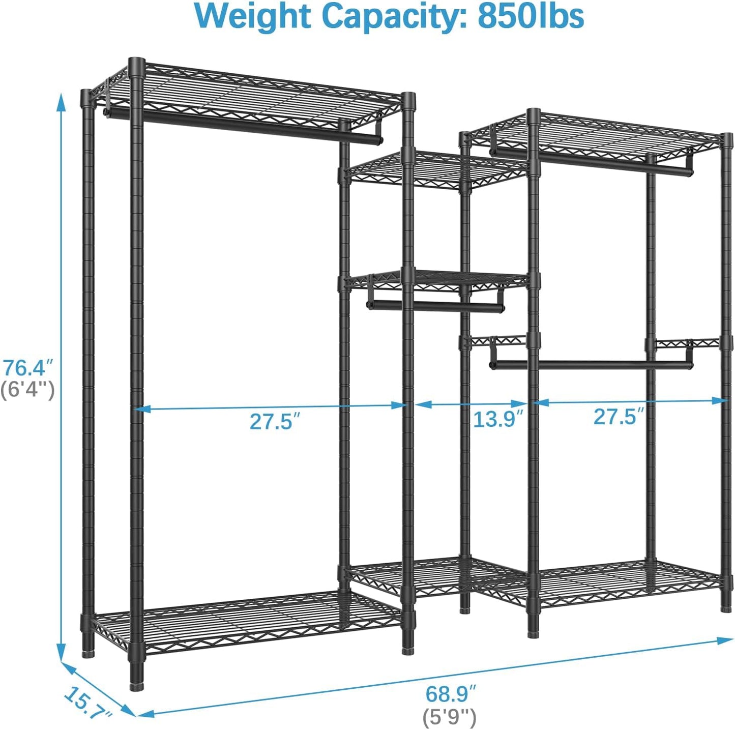 VIPEK Classic V6 Wire Garment Rack Heavy Duty Clothes Racks with Shelves, Freestanding Portable Wardrobe Closet Rack for Hanging Clothes Closet System 68.9" L x 15.7" W x 76.4" H, Load 850LBS, Black