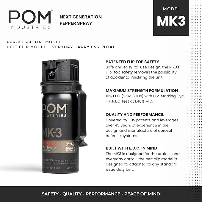 POM MK3 Pepper Spray, Belt Clip Model, Maximum Police Strength OC with UV Marking Dye, Quick Flip Top Safety, 360° Performance at Any Angle, Powerful Accurate Stream, 18 ft Range, 1.8 fl oz