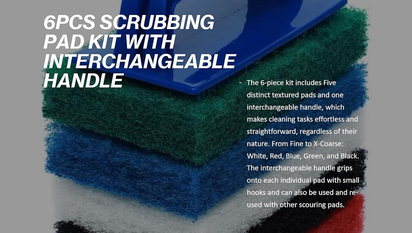 6pcs Scrubbing Pad Kit Interchangeable Reusable Handle | 5 Different Scrubbing & Scouring Pads: Red, White, Blue, Green, Black | for Bathroom, Kitchen, Grill, Teak, Boat Hull Bottom Cleaning
