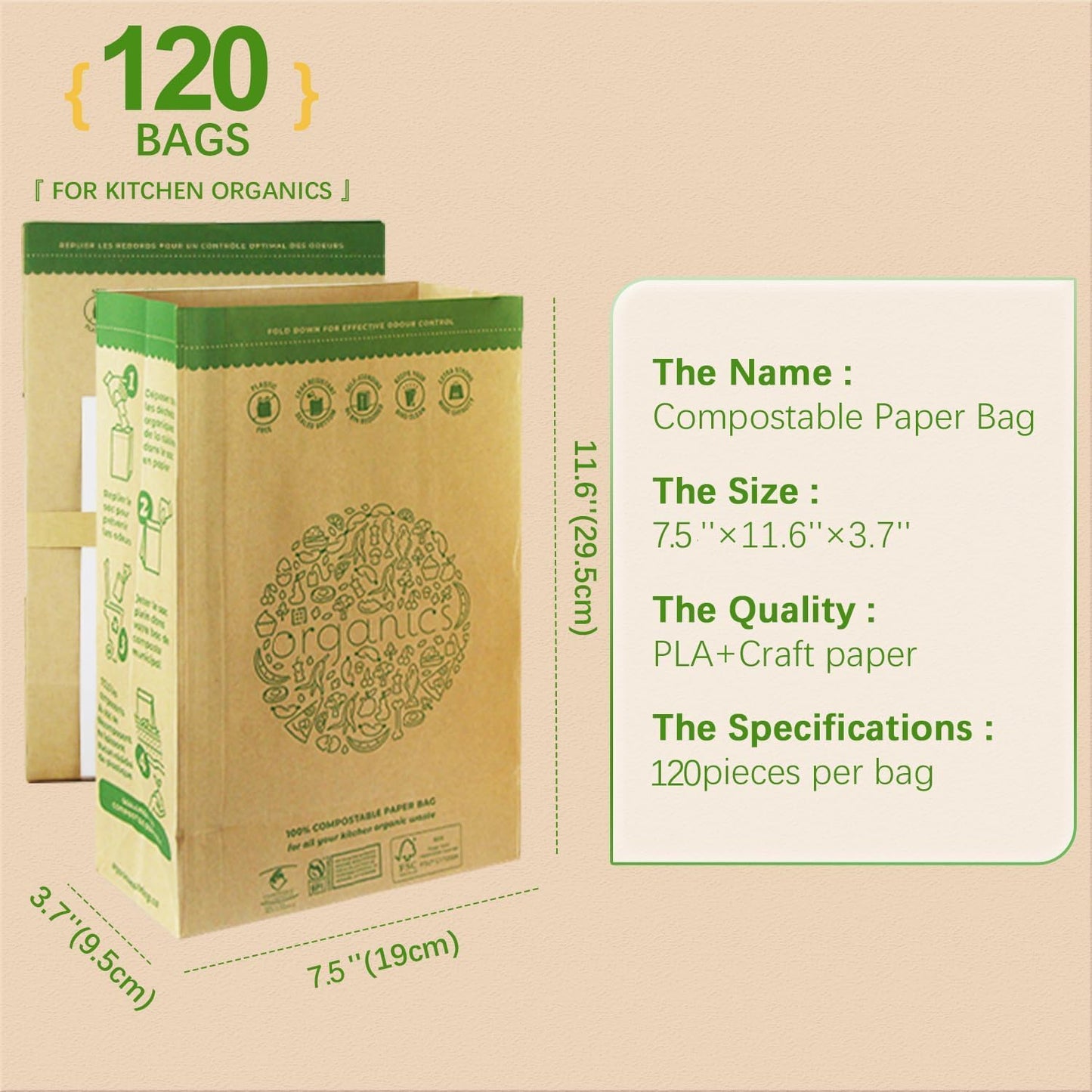 HYTREND-Kitchen Food Waste Bag-120 Bags-%100 Compostable paper Bag - Leak Resistant- Plastic Free - Small-Certified by BNQ and BPI