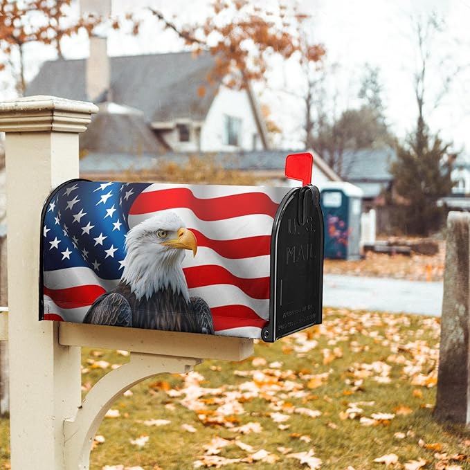 USA Flag Bald Eagle Patriotic Mailbox Cover 4th of July American Flag Magnetic Mailbox Covers Happy Independence Day Waterproof Post Letter Box Wraps for Outdoor Garden Yard Home 25.5x21 in