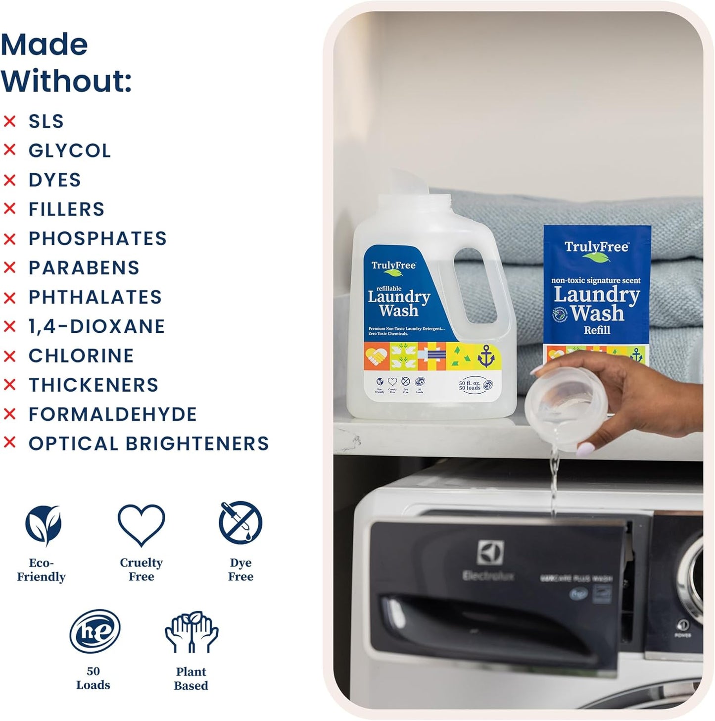 Truly Free Laundry Wash Detergent for Sensitive Skin, Gentle & Safe for Baby Clothes | Plant-Based, Natural Ingredients | Unscented | Include 1 Refillable Bottle (150 Loads)