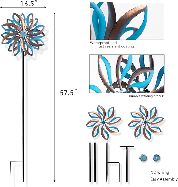 Metal Wind Spinners Outdoor,Vintage Kinetic Wind Spinner Garden Pinwheels with Metal Stake for Patio,Lawn,Garden,Creative Gifts for Women, 57.5 * 13.5 Inch (Blue)