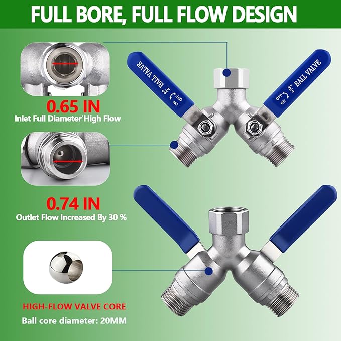 Lead-free Hose Splitter 2 Way Heavy Duty ，304 Stainless Steel Garden Hose Splitter with Long Handle，Outdoor Full Flow Y Valve ，3/4 Inch GHT Thread