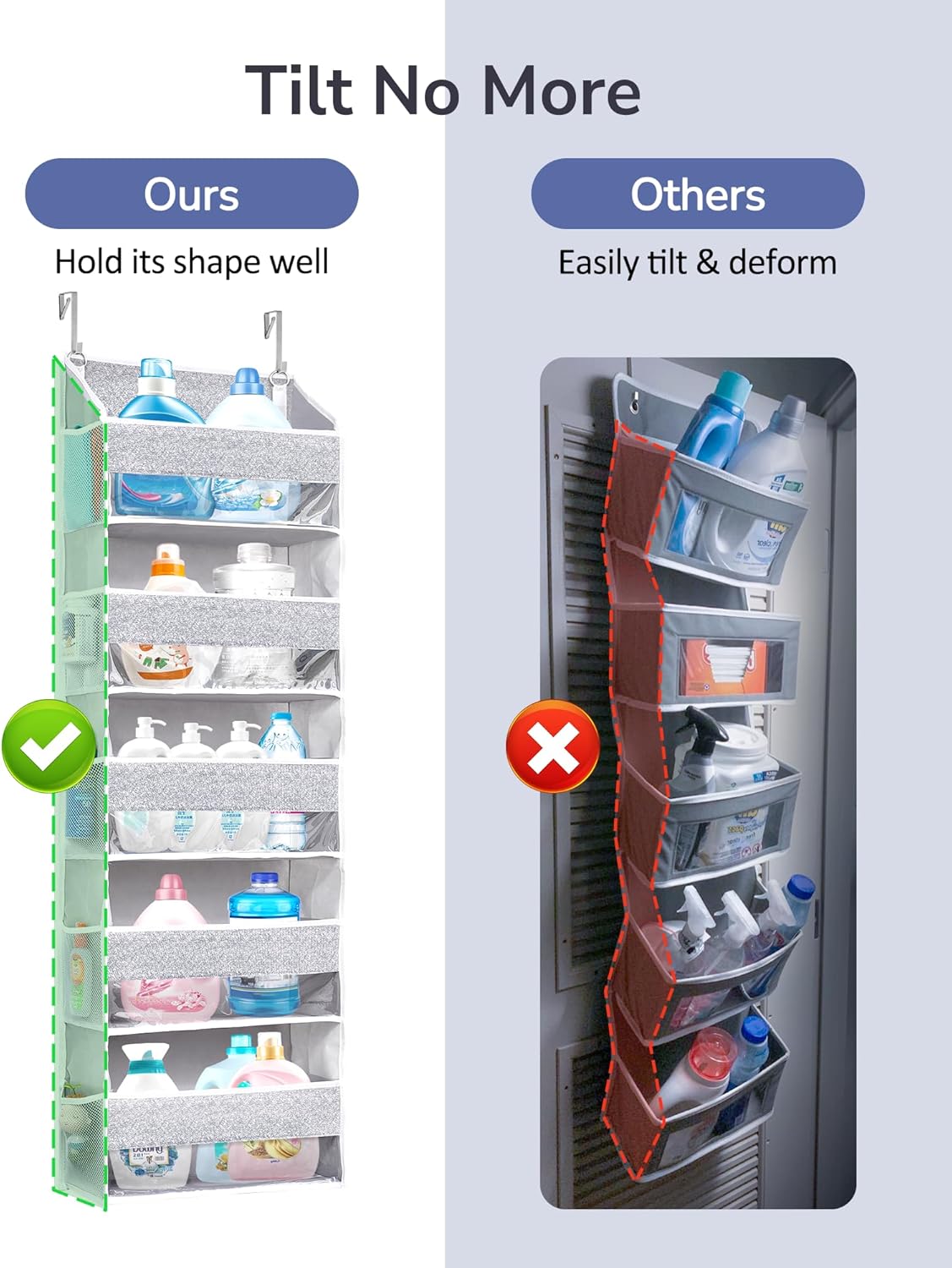 ULG 1 Pack Over Door Organizer with 5 Large Pockets 10 Mesh Side Pockets, Upgraded Linen Texture Over The Door Storage, 44 lbs Weight Capacity Hanging Storage Organizer, Light Gray