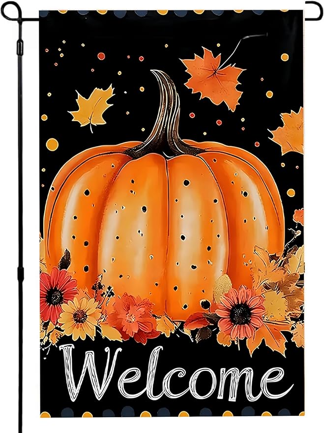 Pumpkin Garden Flag 12X18Inch Double Side,Autumn Maple Leaves Fall Yard flag, Welcome Thanksgiving Outside Small Garden Flag Decorative,Fall Outdoor Flag for Holiday Patio Courtyard