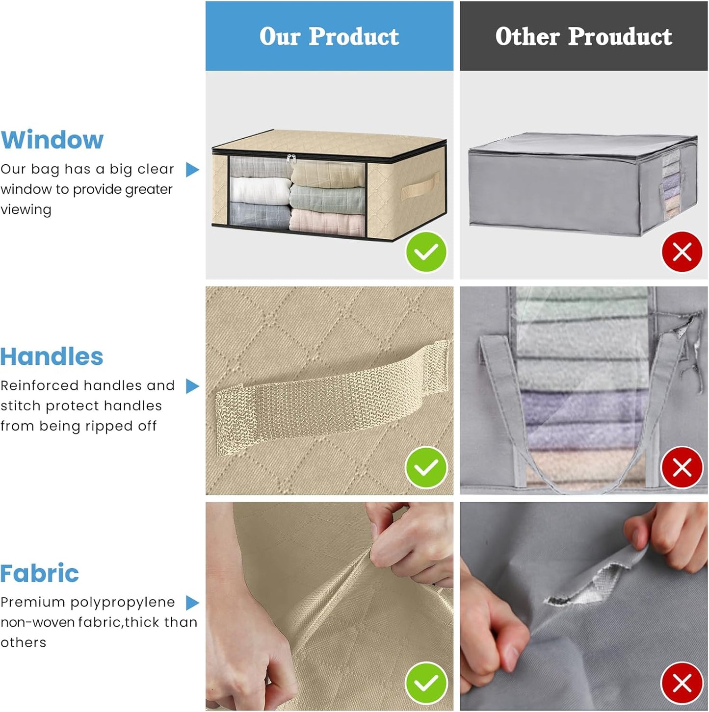 HomeHacks Storage 10-Pack Clothes Organizer Storage Bags Foldable Storage Box with Large Clear Window Sturdy Handles for Closet, Dorm, Pillows, Bedding, Clothes, Blankets, 35L, Beige