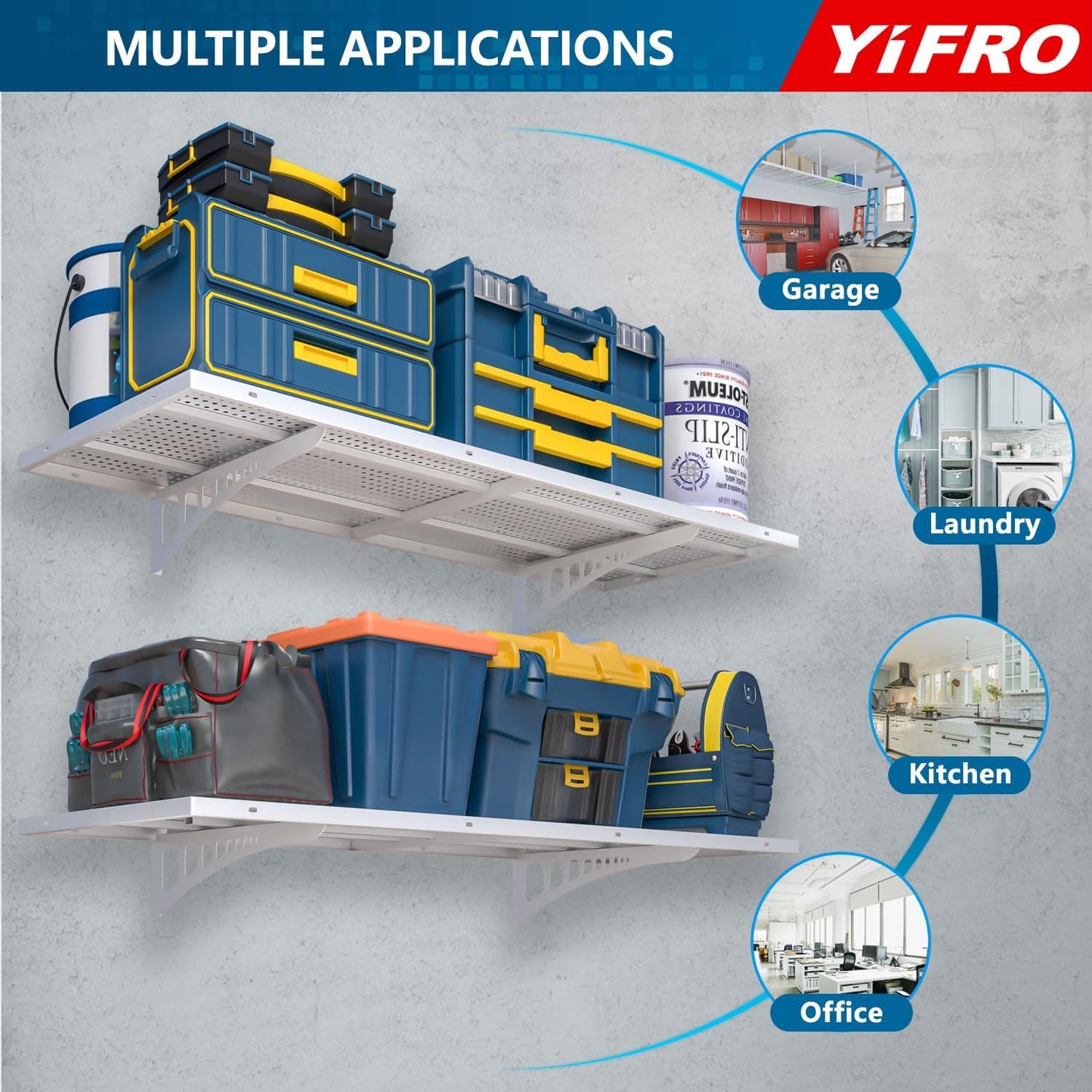 2-Pack 1.5x4ft Heavy Duty Garage Wall Shelving, 500 lbs Load Capacity, Garage Shelving Wall Mounted, Storage Rack with Hooks, White