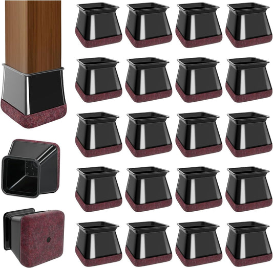 20 Pcs Chair Leg Floor Protectors for Hardwood Floors, Black Rubber Furniture Sliders with Felt, Silicone Furniture Leg Caps Covers (Fit Square Diameter:1.5" to 1.75")