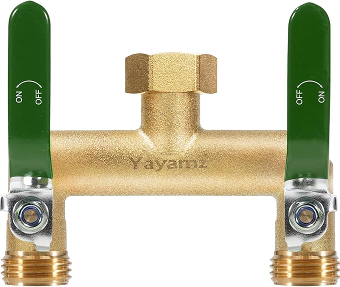 Garden Hose Splitter, 3/4” Rust and Freeze Resistant Outdoor Hose Manifold with 2 Green Extra Long Handles Faucet Adapter-Heavy Duty Brass 2-Way Valve