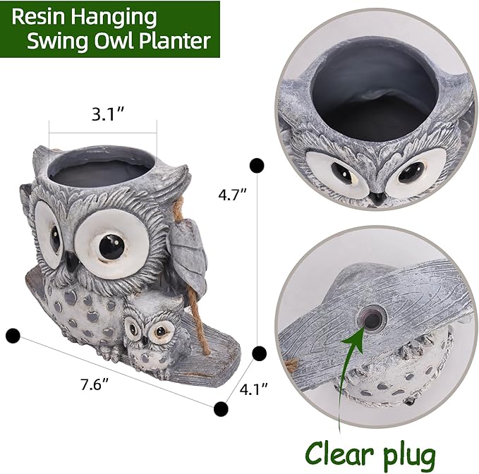 Swing Owl Hanging Planters for Indoor Plants, Cute Small Succulent Pots with Drainage Hole, Unique Resin Plant Hangers Outdoor, Hanging Plant Holder for String Of Pearls, Gift Ideas for Mother
