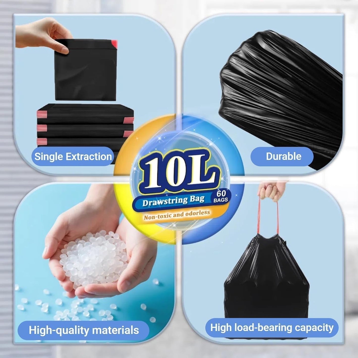 XUXRUS 2.6-3 Gallon Black Bathroom Drawstring Trash Bags - 60 Count Folded Small Garbage Bags, Tear-Resistant & Leak-Proof, Odor Control Liners for Bathroom, Kitchen, Office – Heavy Duty Trash Bags