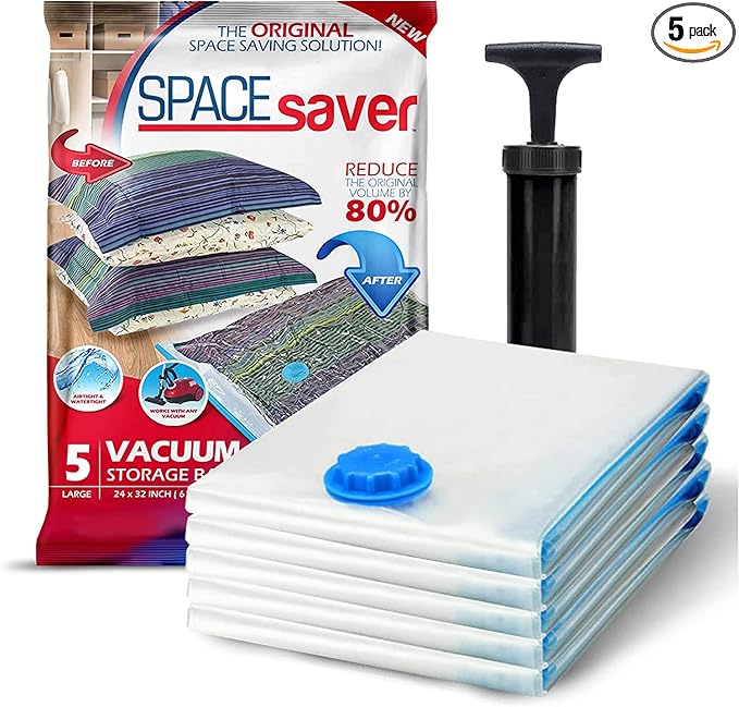 5 Pack Large Vacuum Storage Bags for Comforters, Blankets & Clothes – Vacuum Sealed Compression Bags with Hand Pump – Space Saver Storage Bags for Bedding, Moving, Travel & Organization
