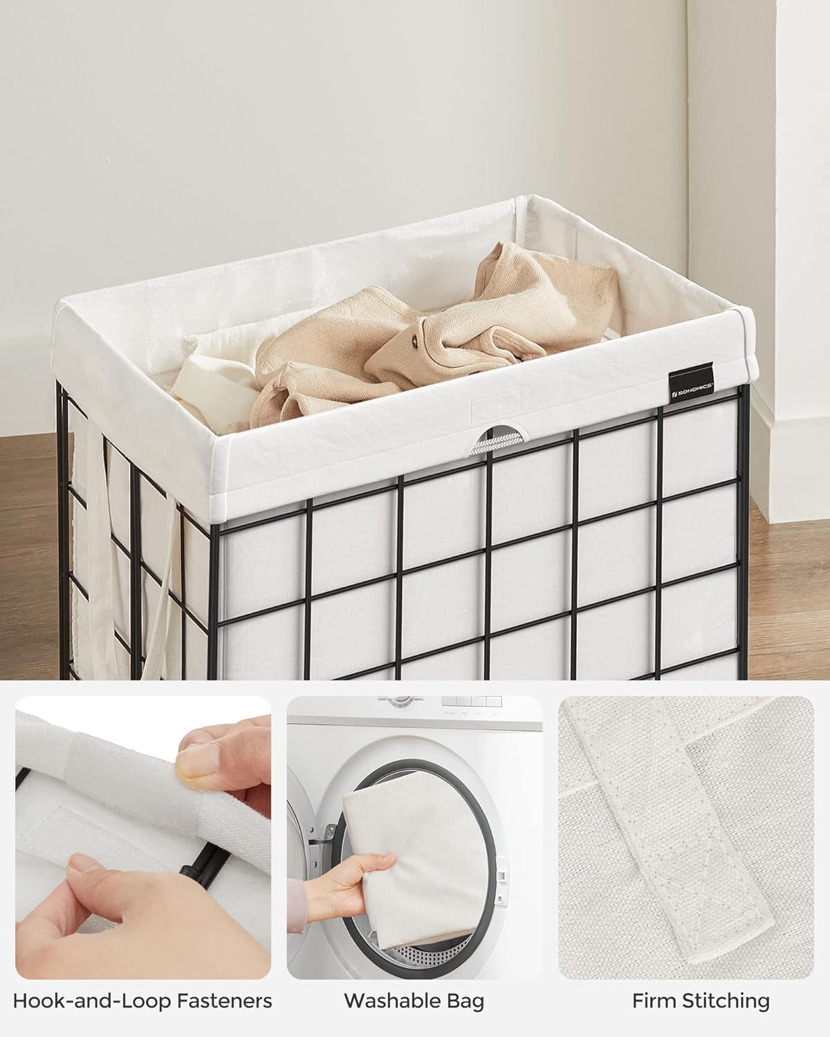 SONGMICS Laundry Hamper, 23.8 Gal. (90L) Laundry Basket, Collapsible Clothes Hamper, Black and White ULCB190W01