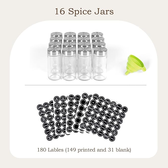 WelFurGeer Bamboo Spice Rack Organizer for Countertop, Revolving Spice Shelf with 16 Glass Jars, Lids & Labels, Desktop Rotating Seasoning Organizer for Kitchens, Space-Saving Design